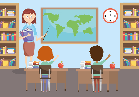 education students with teacher and bookcase in the classroom vector illustrationのイラスト素材