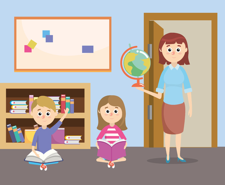 teacher with students education and bookcase in the classroom vector illustrationのイラスト素材