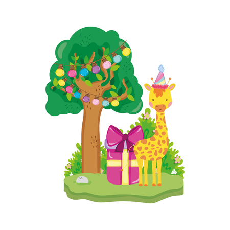 cute and little giraffe with party hat character vector illustration designのイラスト素材