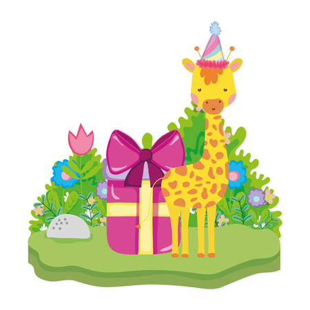 cute and little giraffe with party hat character vector illustration designのイラスト素材