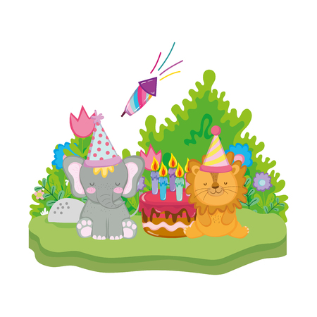 little elephant and lion with party hat vector illustration designのイラスト素材