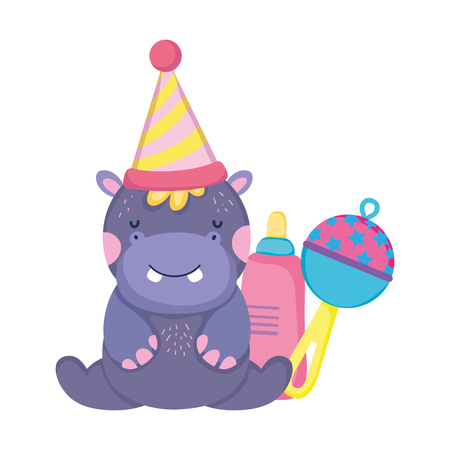 cute and little hippo character with party hat vector illustration designのイラスト素材
