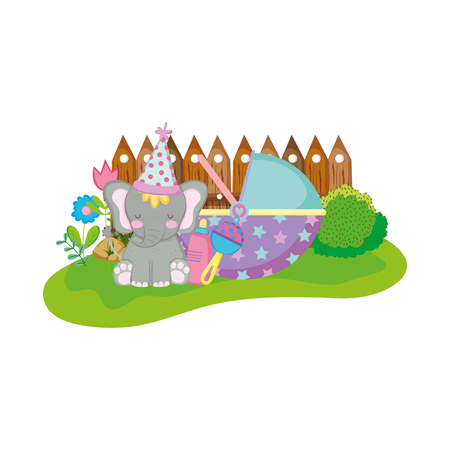 cute and little elephant with party hat vector illustration designのイラスト素材