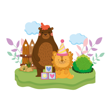 cute and little lion with party hat vector illustration designのイラスト素材