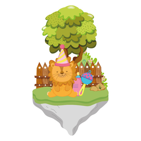 cute and little lion with party hat vector illustration designのイラスト素材