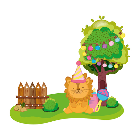 cute and little lion with party hat vector illustration designのイラスト素材