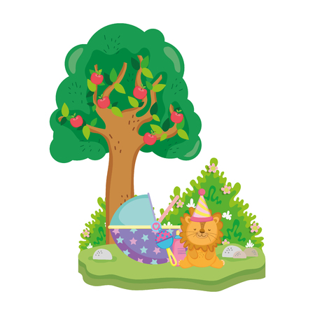 cute and little lion with party hat vector illustration designのイラスト素材