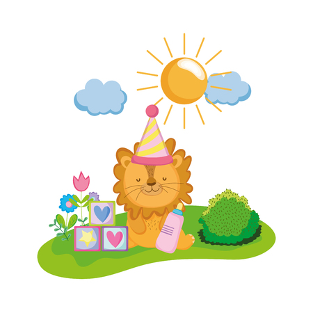 cute and little lion with party hat vector illustration designのイラスト素材