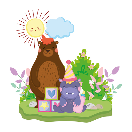 cute and little hippo character with party hat vector illustration designのイラスト素材