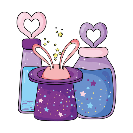 fairytale magic hat with rabbit ears and potion bottle vector illustration designのイラスト素材
