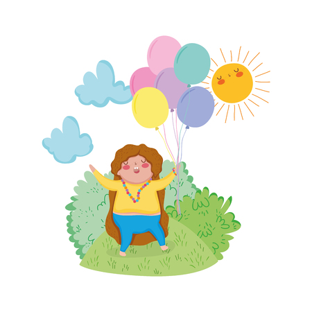 Little chubby girl with balloons air in the landscape vector illustration designのイラスト素材