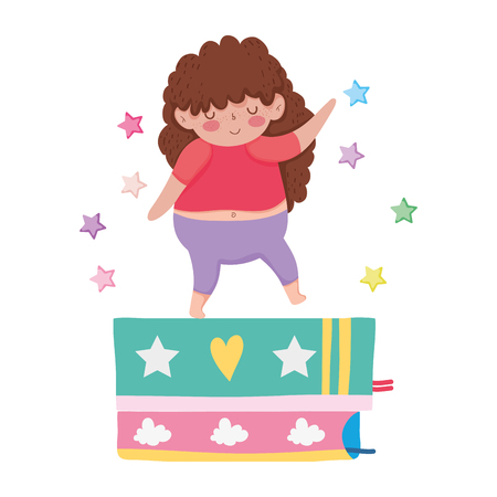 Little chubby girl with pile books vector illustration designのイラスト素材