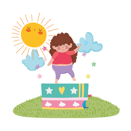 Little chubby girl with pile books in the landscape vector illustration designのイラスト素材