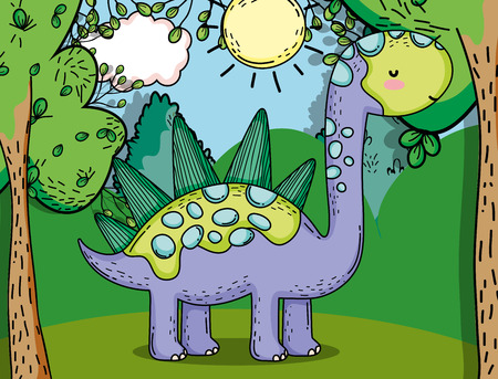 stegosaurus prehistoric dino animal with plants vector illustrationのイラスト素材