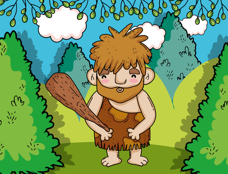 primitive man hunting with mallet in the bushes vector illustrationのイラスト素材