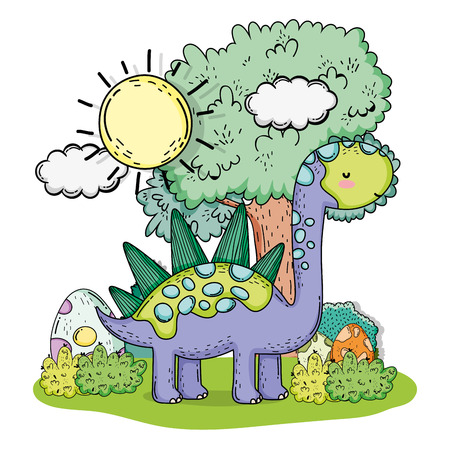 cute stegosaurus prehistoric wildlife with eggs vector illustrationのイラスト素材
