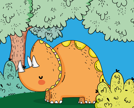 cute triceratops prehistoric animal and tree vector illustrationのイラスト素材