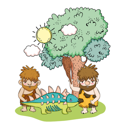 primitive men hunting ankylosaurus dino animal vector illustrationのイラスト素材