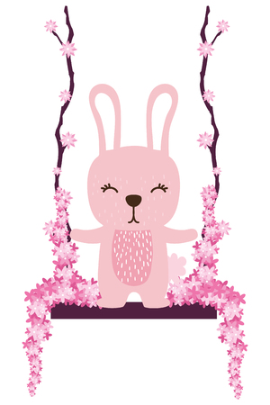 rabbit swing with flowers colorful vector illustration graphic designのイラスト素材