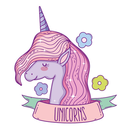 cute unicorn animal with flowers and ribbon vector illustrationのイラスト素材