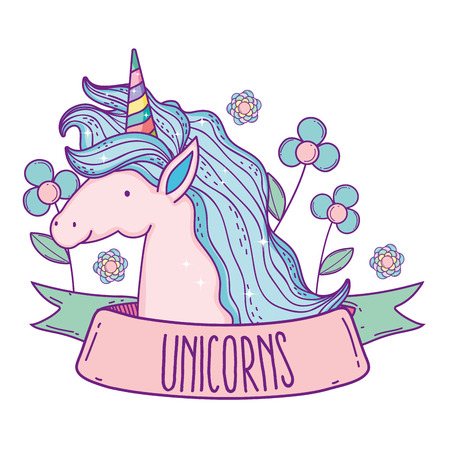 unicorn animal with hairstyle and flowers plants vector illustrationのイラスト素材