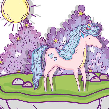 cute unicorn animal with bushes and sun vector illustrationのイラスト素材