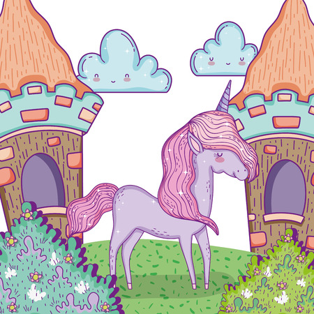 cute unicorn animal with houses and clouds vector illustrationのイラスト素材