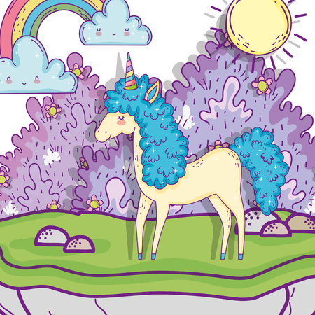 cute unicorn animal with bushes plants vector illustrationのイラスト素材