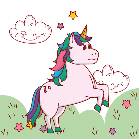 unicorn in the yard with smiling clouds vector illustration graphic designのイラスト素材