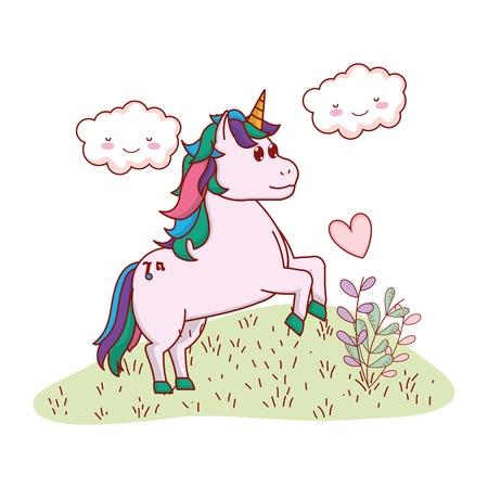unicorn in a yard with clouds and heart vector illustration graphic designのイラスト素材