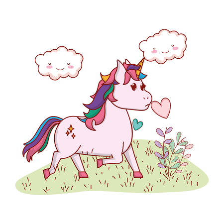 unicorn in a yard with clouds and heart vector illustration graphic designのイラスト素材
