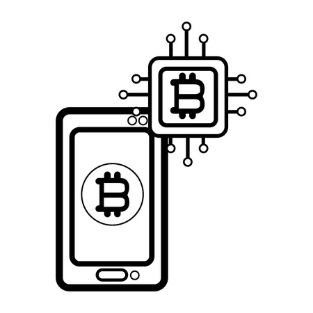 bitcoin microchip icon and cellphone black and white vector illustration graphic designのイラスト素材