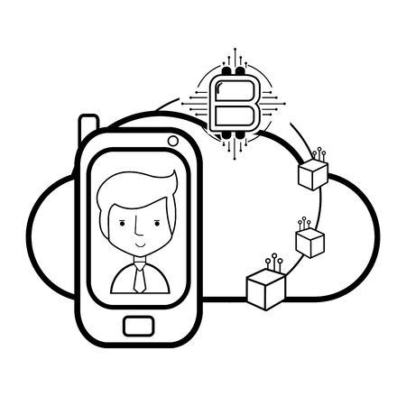 bitcoins and cellphone with cloud black and white vector illustration graphic designのイラスト素材