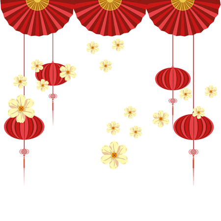 chinese hanging lantern and red fan vector illustration graphic designのイラスト素材