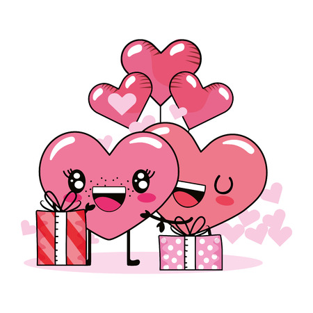 love heart couple with balloons and gift box cartoon vector illustration graphic designのイラスト素材