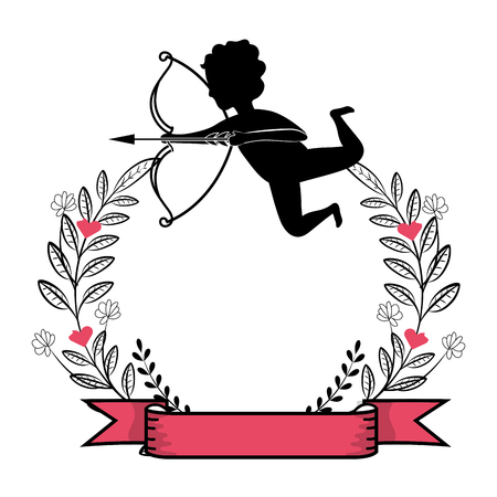 love valentines cupid flying over flowers wreath banner cartoon vector illustration graphic designのイラスト素材