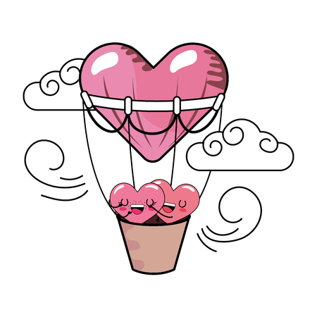 love heart couple flying over hot air balloon cartoon vector illustration graphic designのイラスト素材
