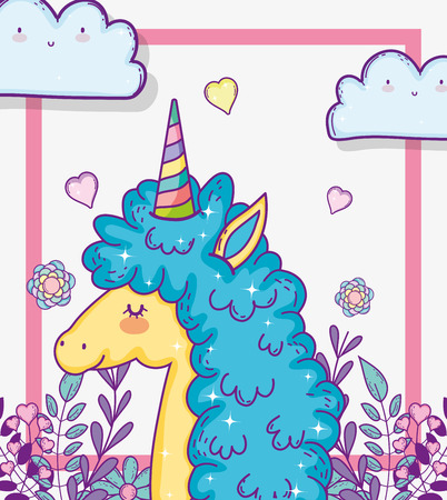 cute unicorn with branches leaves and hearts vector illustrationのイラスト素材
