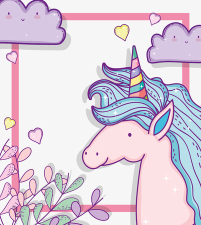 cute unicorn with clouds and branches leaves vector illustrationのイラスト素材