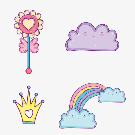 set kawaii cloud and rainbow with clouds and crown vector illustrationのイラスト素材