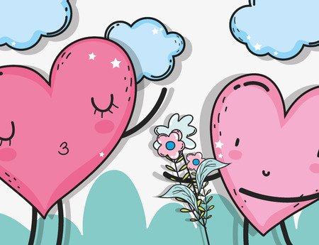 hearts couple with clouds and flowers plants vector illustrationのイラスト素材
