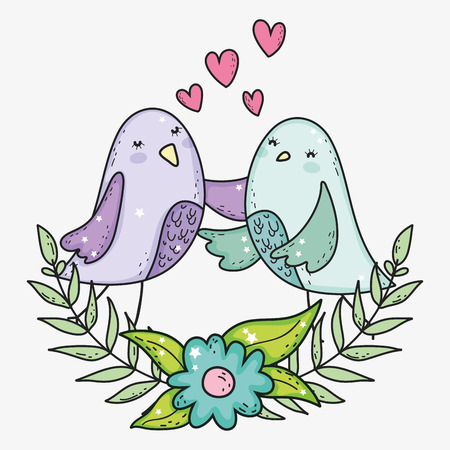 birds couple with hearts and branches leaves with flower vector illustrationのイラスト素材