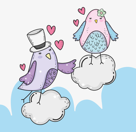 birds couple in the clouds with hearts to valentines day vector illustrationのイラスト素材