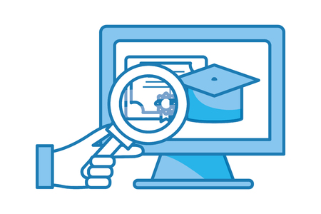 magnifying glass with computer graduation cap diploma vector illustration graphic designのイラスト素材