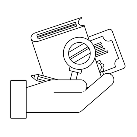 book with hand holding magnifying glass and pencil vector illustration graphic designのイラスト素材