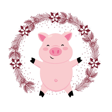 pig with leaves arrangementのイラスト素材