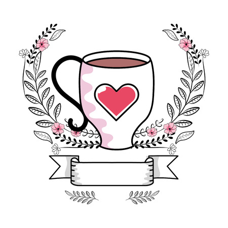 coffee cup icon with heart leaves braches arrangement vector illustration graphic designのイラスト素材