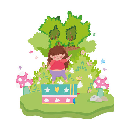 Little chubby girl with pile books in the landscape vector illustration designのイラスト素材