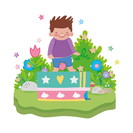 little chubby boy with books in the landscape vector illustration designのイラスト素材
