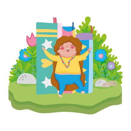 Little chubby girl with pile books in the landscape vector illustration designのイラスト素材